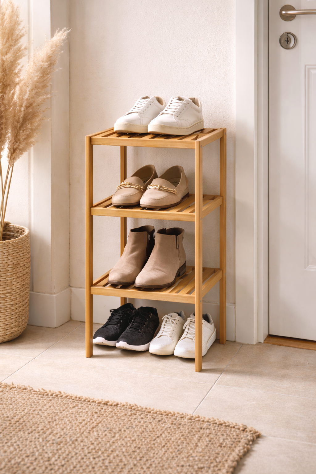 Doğal Bambu 4 Katlı Ayakkabılık Dayanıklı Şık Çok Amaçlı Ahşap Ayakkabı Rafı SHN-2102