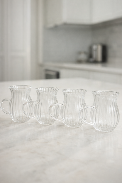 12’li 200 ML Borosilikat Kulplu Çizgi Desenli Diamond Cam Bardak Seti Isıya Dayanıklı Şeffaf KW-728