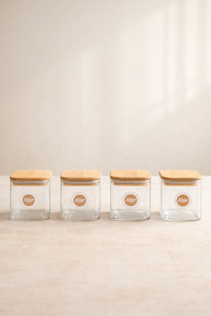 Bambu Kapaklı 4lü Kare Cam Kavanoz Seti 200ML Gıda Saklama Kavanozu KW-1164
