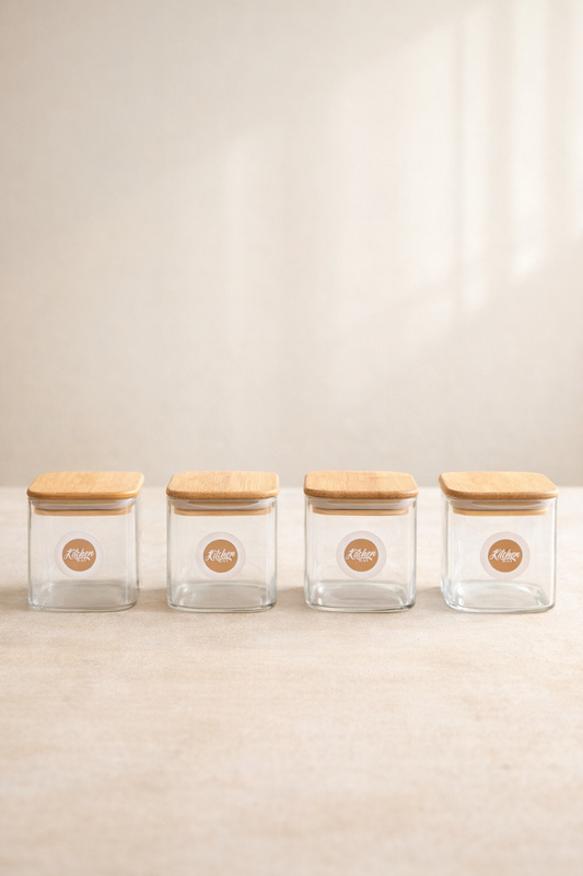 Bambu Kapaklı 4lü Kare Cam Kavanoz Seti 200ML Gıda Saklama Kavanozu KW-1164