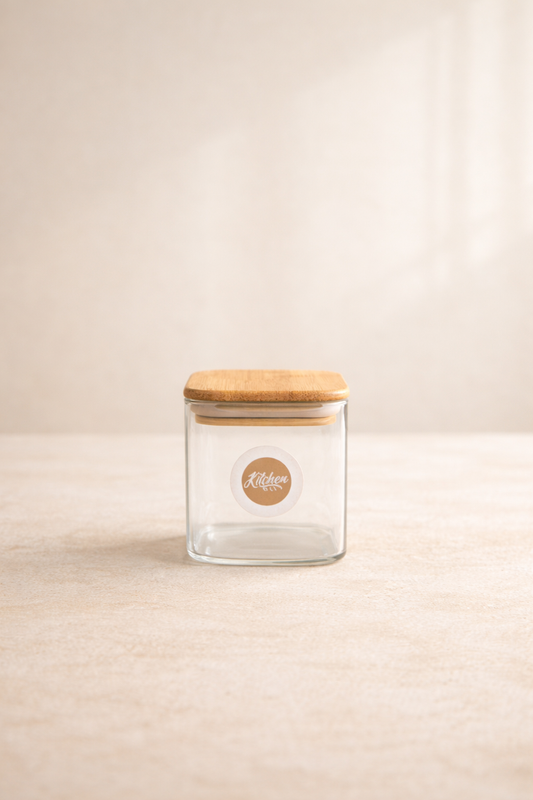 Bambu Kapaklı 4lü Kare Cam Kavanoz Seti 200ML Gıda Saklama Kavanozu KW-1164