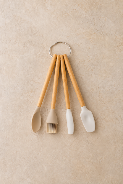 Silikon Başlık Bambu Saplı 4 Lü Pasta ve Kek Seti KW-407