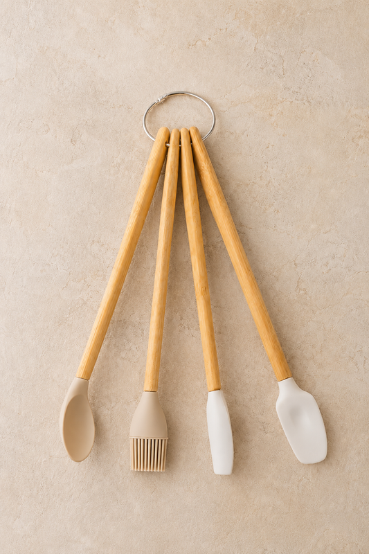 Silikon Başlık Bambu Saplı 4 Lü Pasta ve Kek Seti KW-408