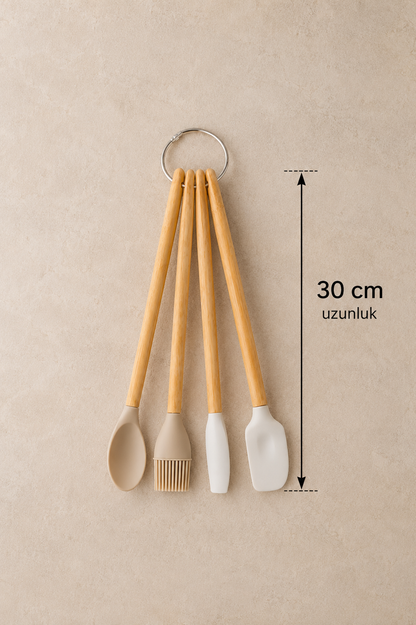 Silikon Başlık Bambu Saplı 4 Lü Pasta ve Kek Seti KW-408