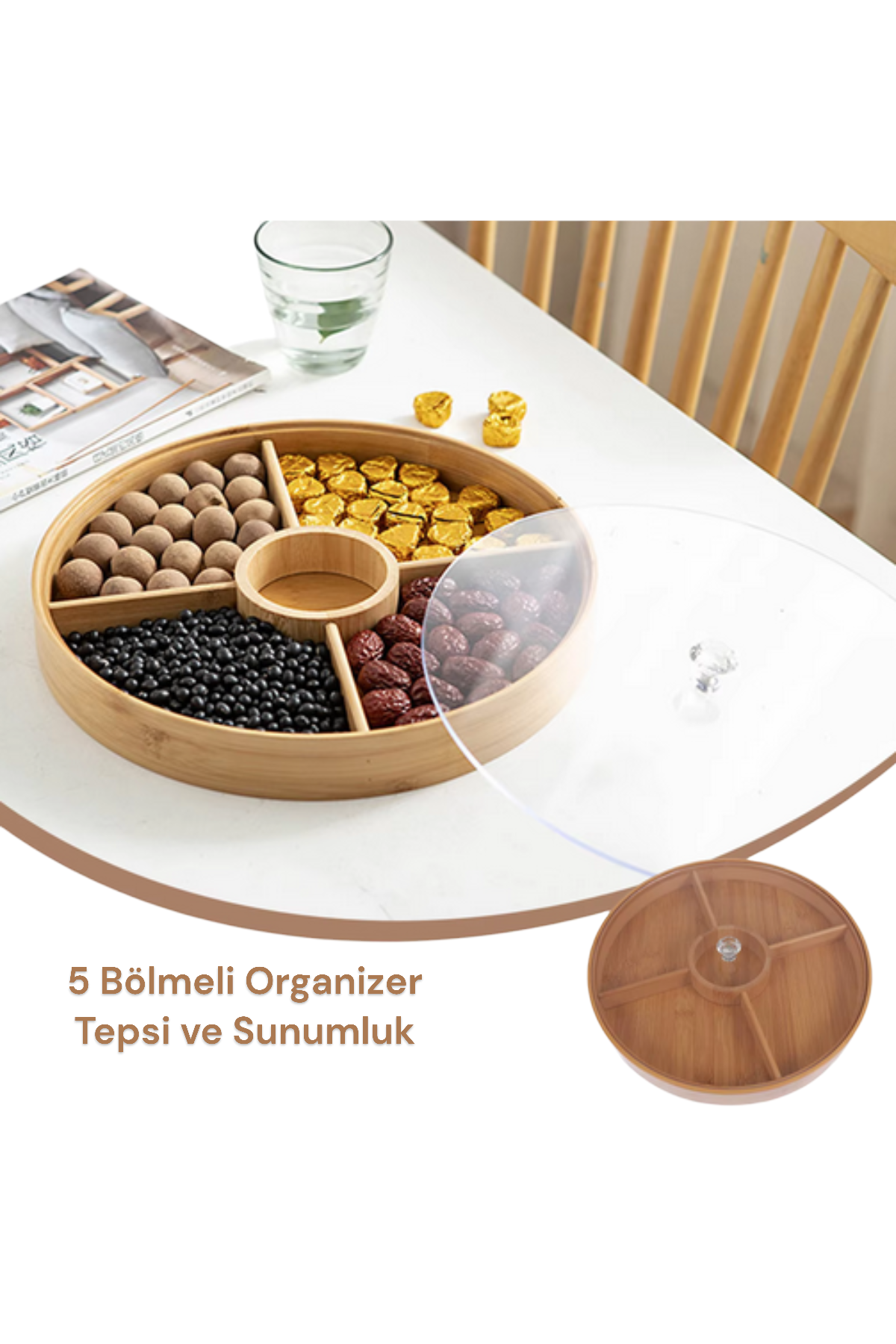 Kapaklı 5 Bölmeli Bambu Kahvaltılık Drajelik Çerezlik Organizer KW-167