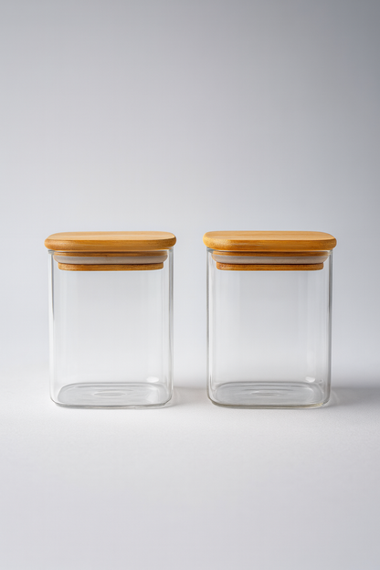 2'li Conta Bambu Kapaklı 500ML Cam Kavanoz Saklama Kavanozu KW-1163
