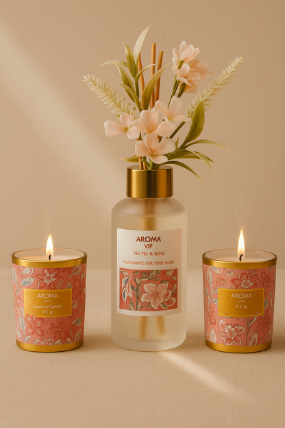 Çubuklu Koku Mum Çiçek ve Tepsi Dekoratif Set SHN-2054