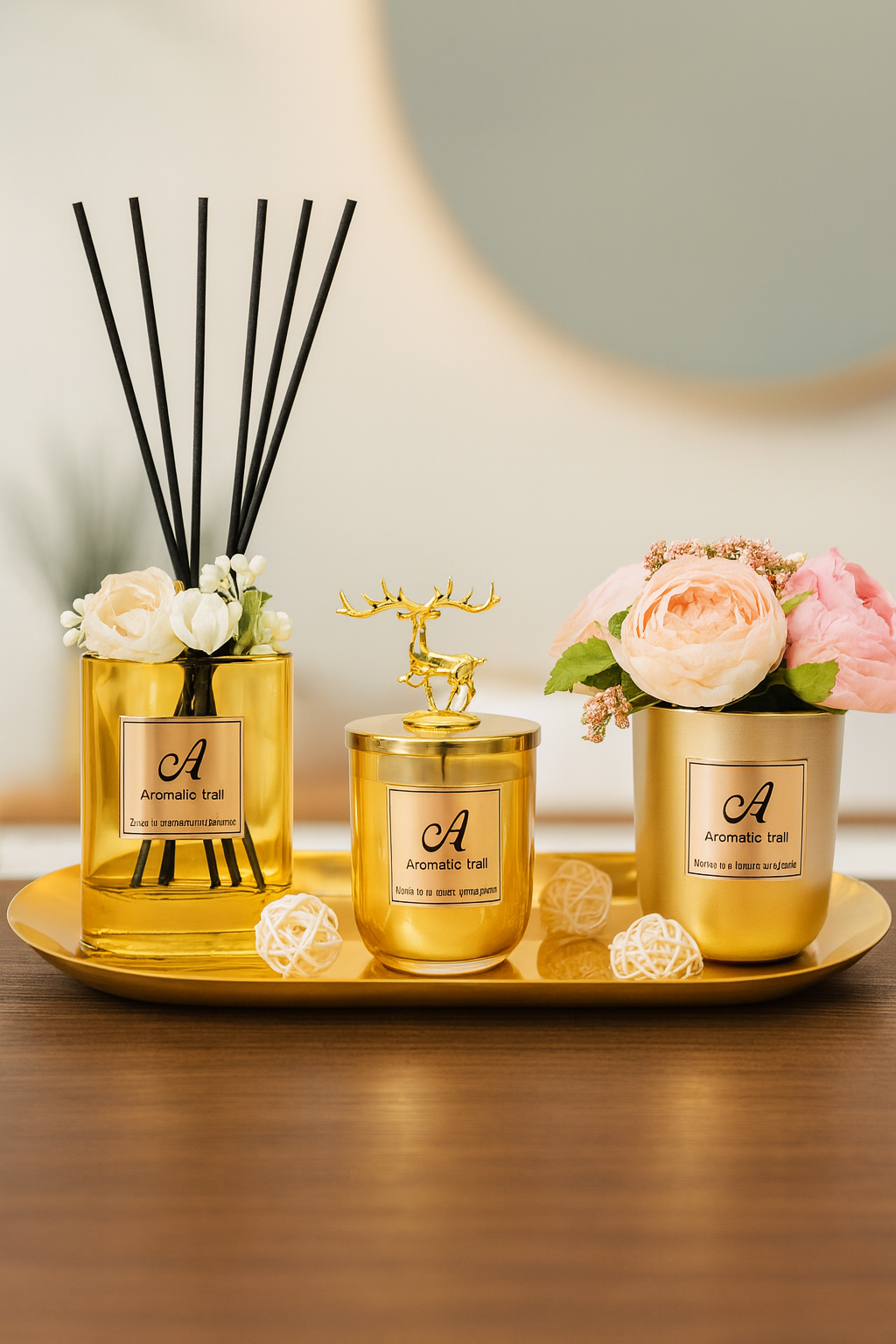 Çubuklu Koku Mum Çiçek ve Tepsi Dekoratif Set SHN-2060