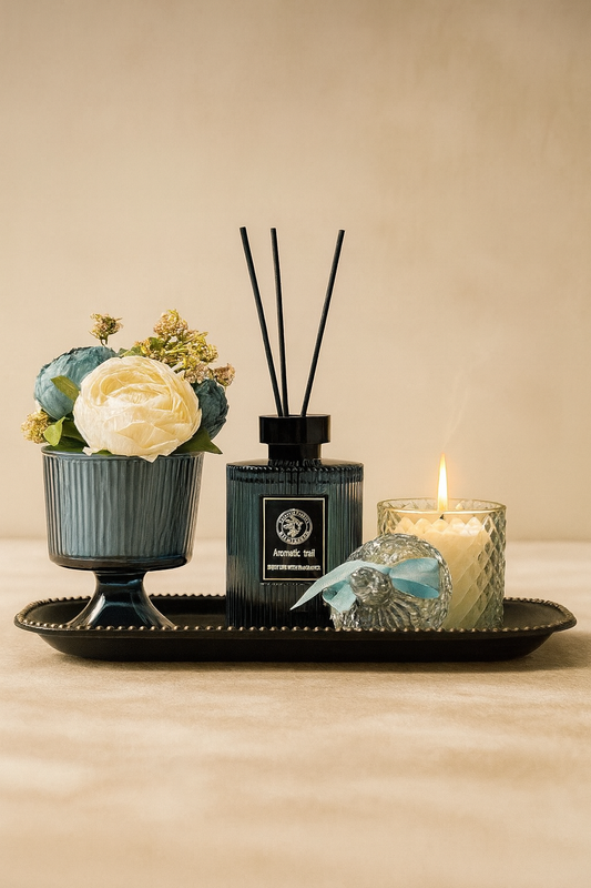 Çubuklu Koku Mum Çiçek ve Tepsi Dekoratif Set SHN-2053