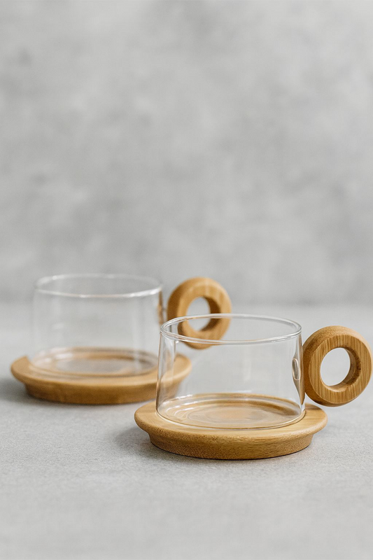 Bambu Kulplu 2'Li Borosilikat 250ml Fincan Seti KW-1076