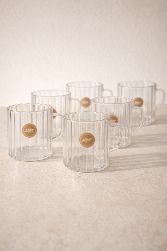 Borosilikat 6’lı Cam Meşrubat Kupa 350ml Isıya Dayanıklı Şeffaf Cam Kupa Seti KW-1049