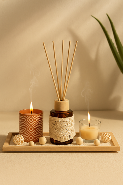 Çubuklu Koku Mum ve Tepsi Dekoratif Set SHN-2057