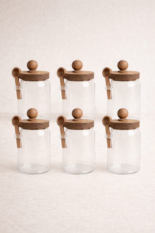 Akasya Kaşıklı Conta Kapaklı 6'lı Kavanoz Baharatlık Set KW-735