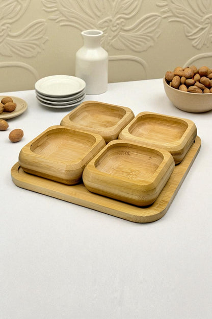 Bambu 4 Lü Tepsili Kare Çerezlik Kase Seti KW-450