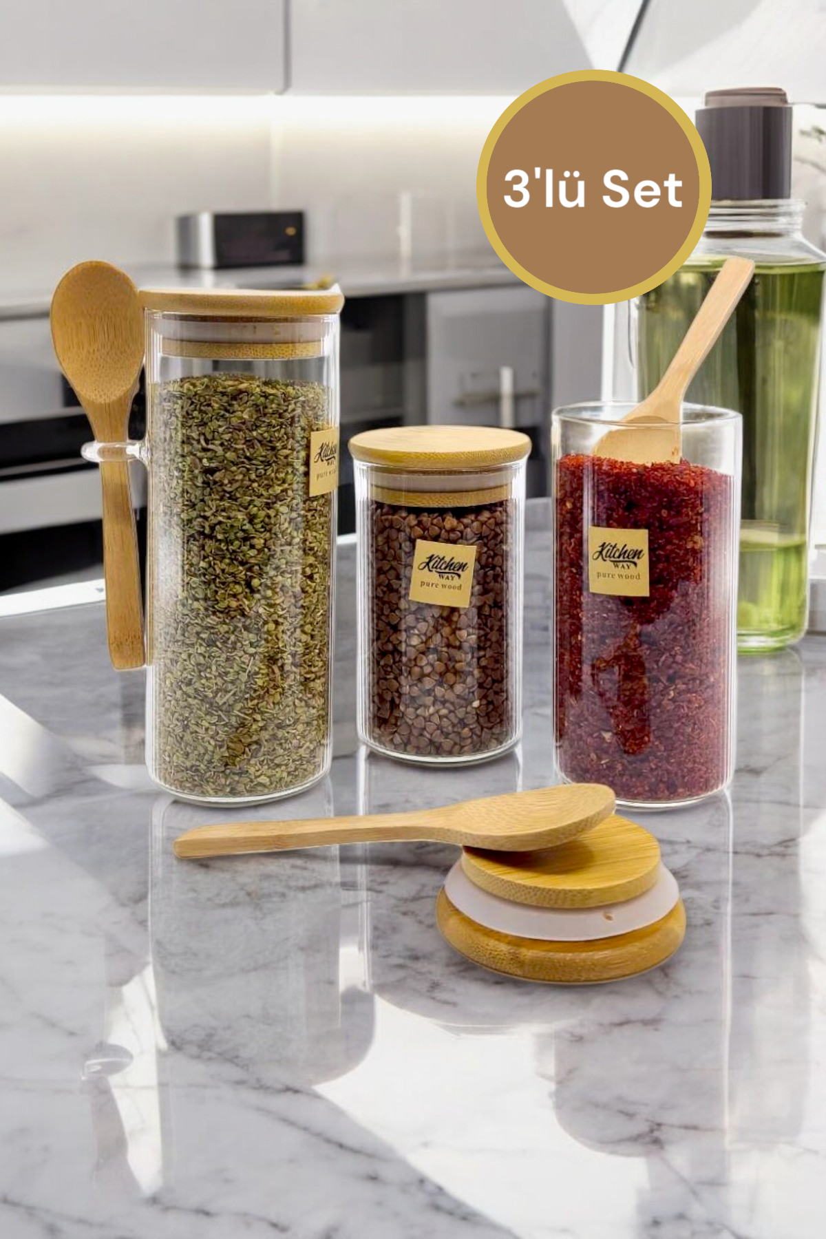 Kitchen Way Bambu Kapaklı ve Kaşıklı Contalı 3'lü Set Kavanoz KW-372A-B-C