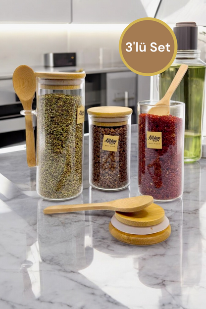 Bambu Kapaklı ve Kaşıklı Contalı 3'lü Set Kavanoz KW-372A-B-C