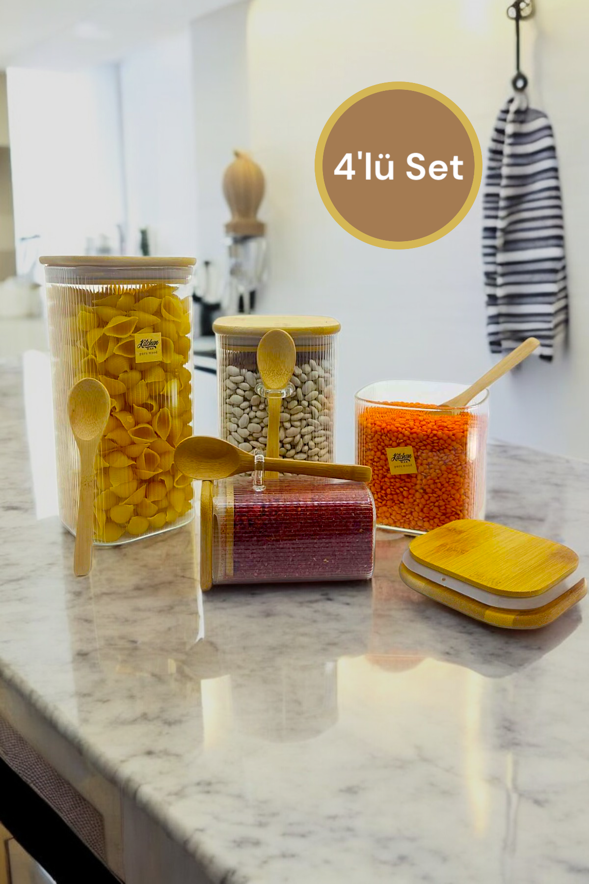 Kitchen Way Bambu Kapaklı ve Kaşıklı Contalı 4'lü Set Kavanoz Çizgili Tasarım KW-373A-B-C-D