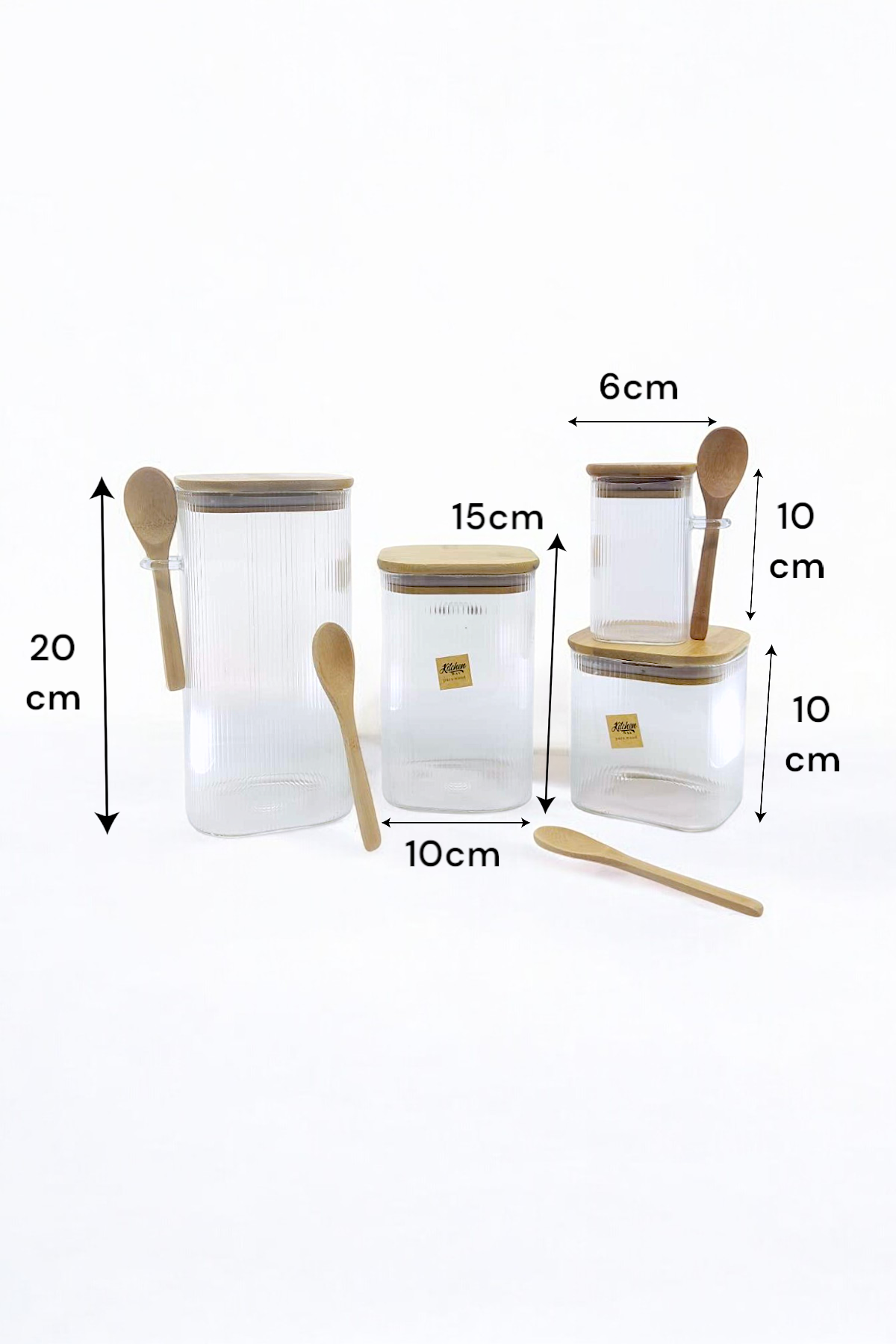Kitchen Way Bambu Kapaklı ve Kaşıklı Contalı 4'lü Set Kavanoz Çizgili Tasarım KW-373A-B-C-D