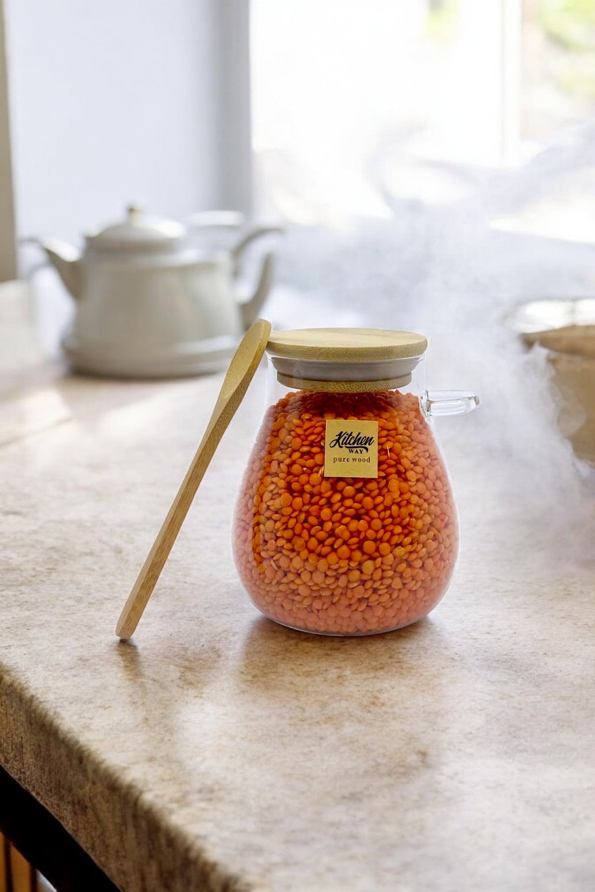 Bambu Kaşıklı Borosilikat 400ML Isıya Dayanaklı Kavanoz KW-389A