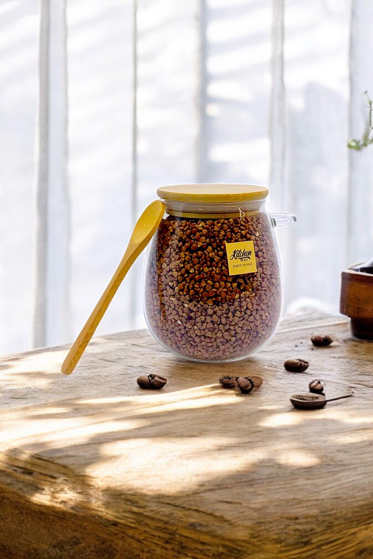 Bambu Kaşıklı Borosilikat 600ML Isıya Dayanaklı Kavanoz KW-389B