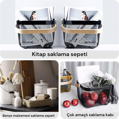 Siyah Metal Bambu Saplı Çok Amaçlı Sepeti SHN-1097