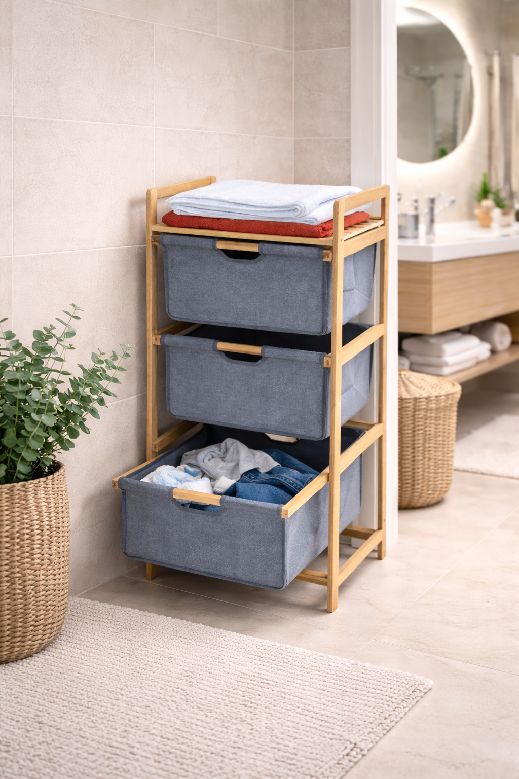 Bambu Çamaşır Sepeti Çekmeceli Doğal Bambu Dayanıklı Şık Tasarım SHN-2096
