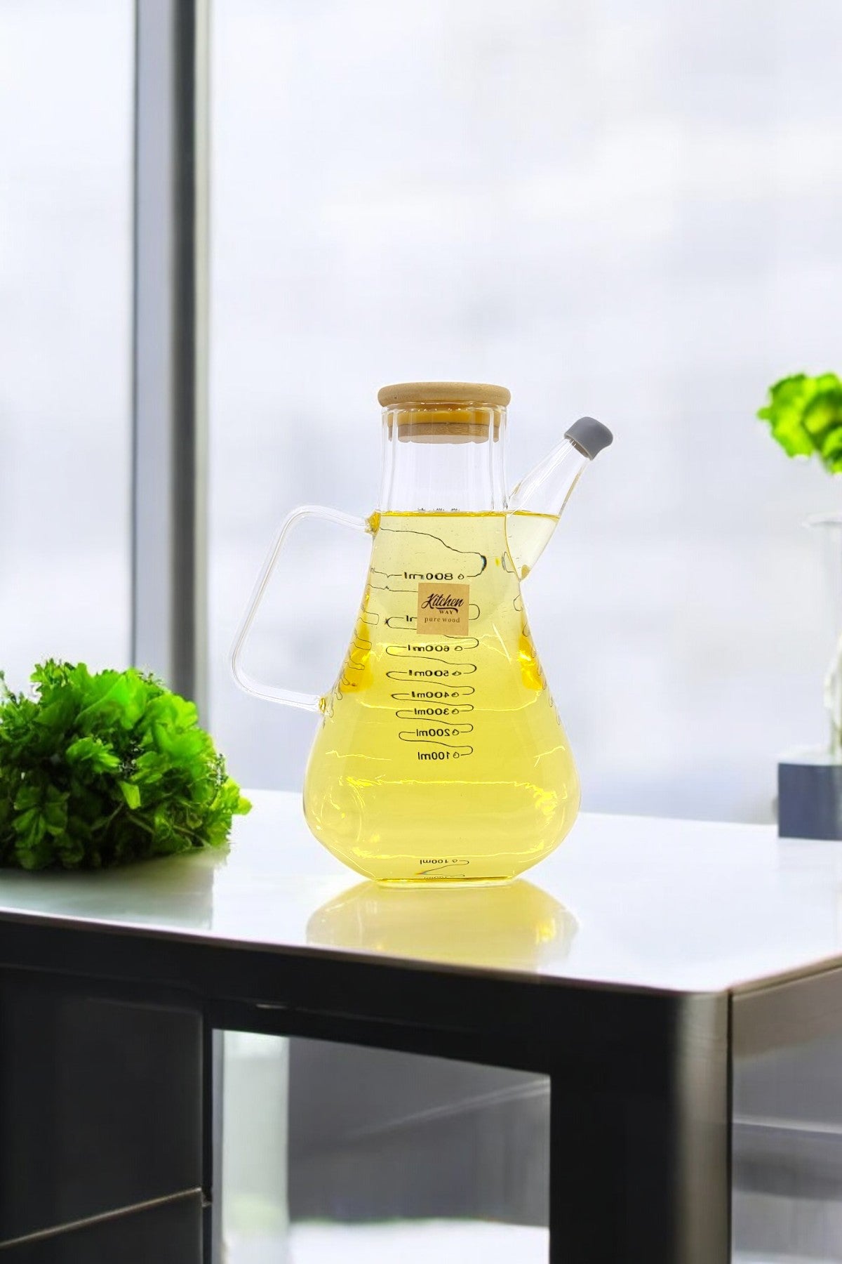 Bororsilicat Bambu Kapaklı Tombul Cam Yağdınlık 900ML KW-631