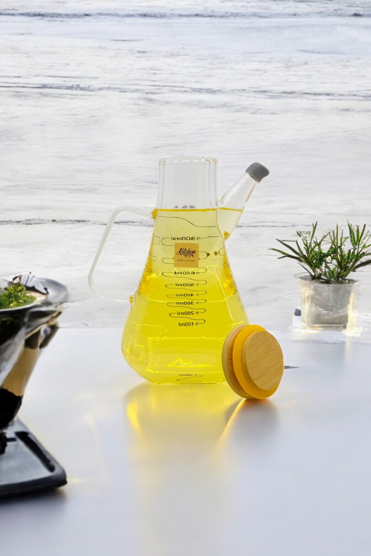 Bororsilicat Bambu Kapaklı Tombul Cam Yağdınlık 900ML KW-631