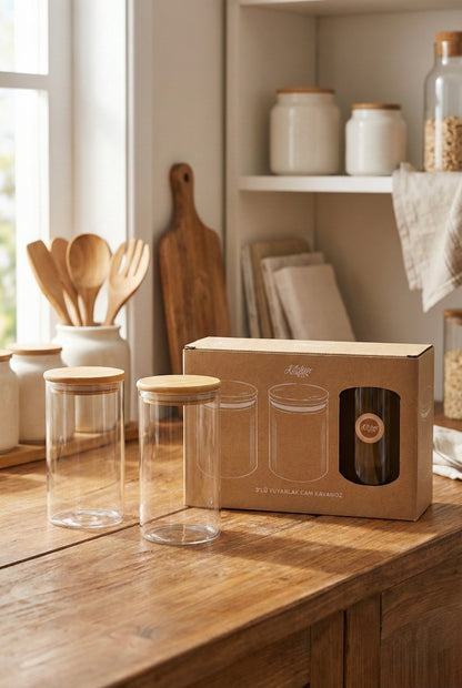 Bambu Kapaklı 3’lü Yuvarlak Cam Kavanoz Seti 500ML Gıda Saklama Kavanozu KW-816