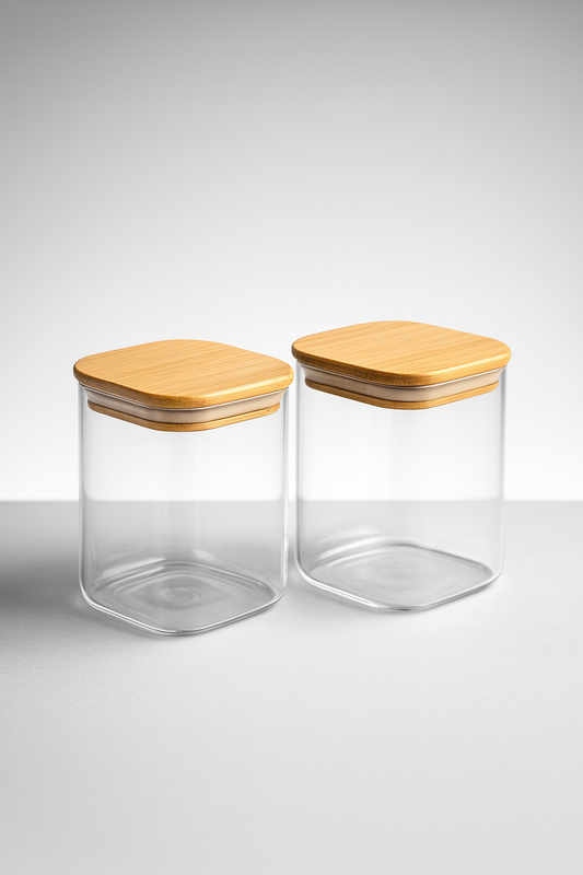 2'li Conta Bambu Kapaklı 500ML Cam Kavanoz Saklama Kavanozu KW-1163