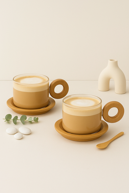 Bambu Kulplu 2'Li Borosilikat 250ml Fincan Seti KW-1076