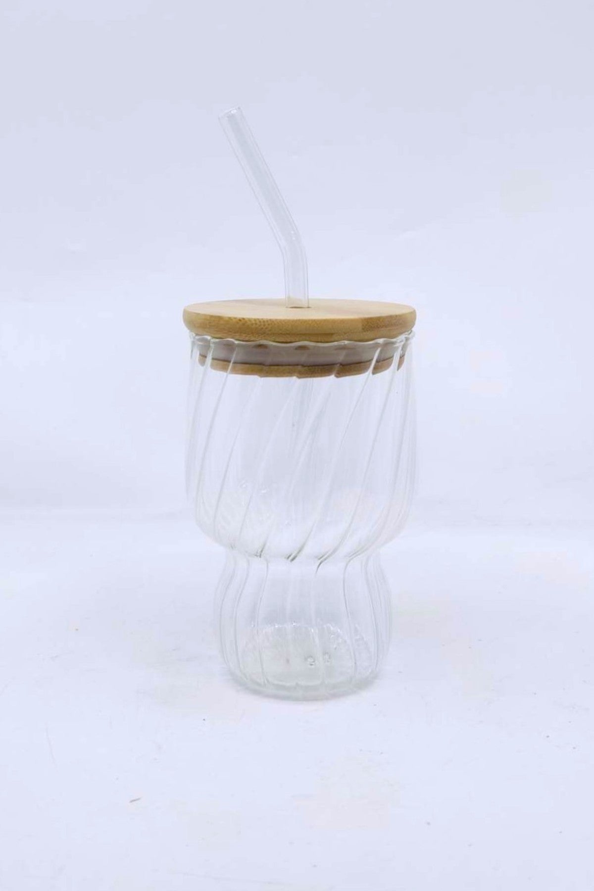Çizgi Desenli Bambu Kapaklı Contalı Cam Pipetli Borosilikat Bardak KW-042