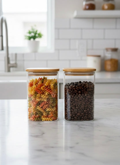 2'li Conta Bambu Kapaklı 500ML Cam Kavanoz Saklama Kavanozu KW-1163