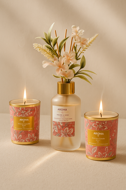 Çubuklu Koku Mum Çiçek ve Tepsi Dekoratif Set SHN-2054