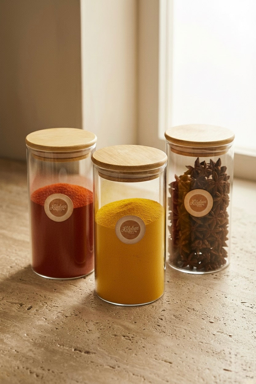 Bambu Kapaklı 3’lü Yuvarlak Cam Kavanoz Seti 500ML Gıda Saklama Kavanozu KW-816