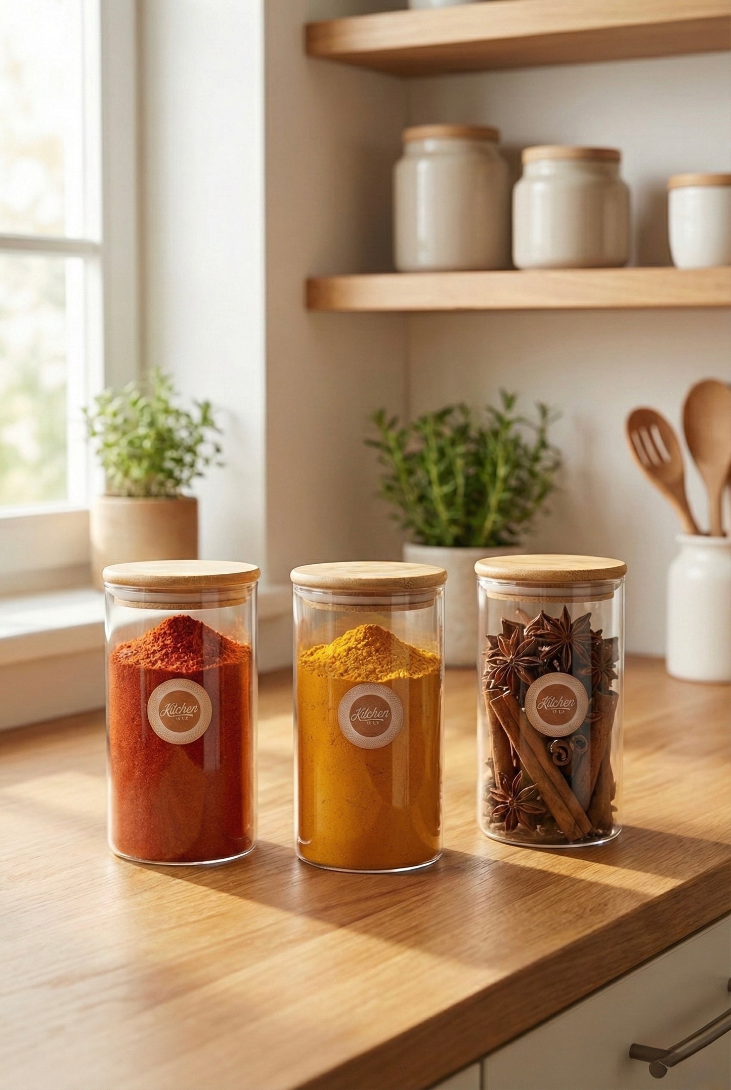 Bambu Kapaklı 3’lü Yuvarlak Cam Kavanoz Seti 500ML Gıda Saklama Kavanozu KW-816