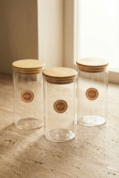 Bambu Kapaklı 3’lü Yuvarlak Cam Kavanoz Seti 500ML Gıda Saklama Kavanozu KW-816