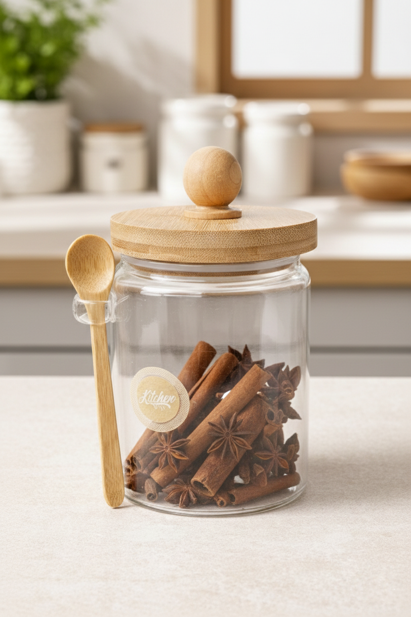 Bambu Kaşıklı Conta Kapaklı Kavanoz Baharatlık KW-739