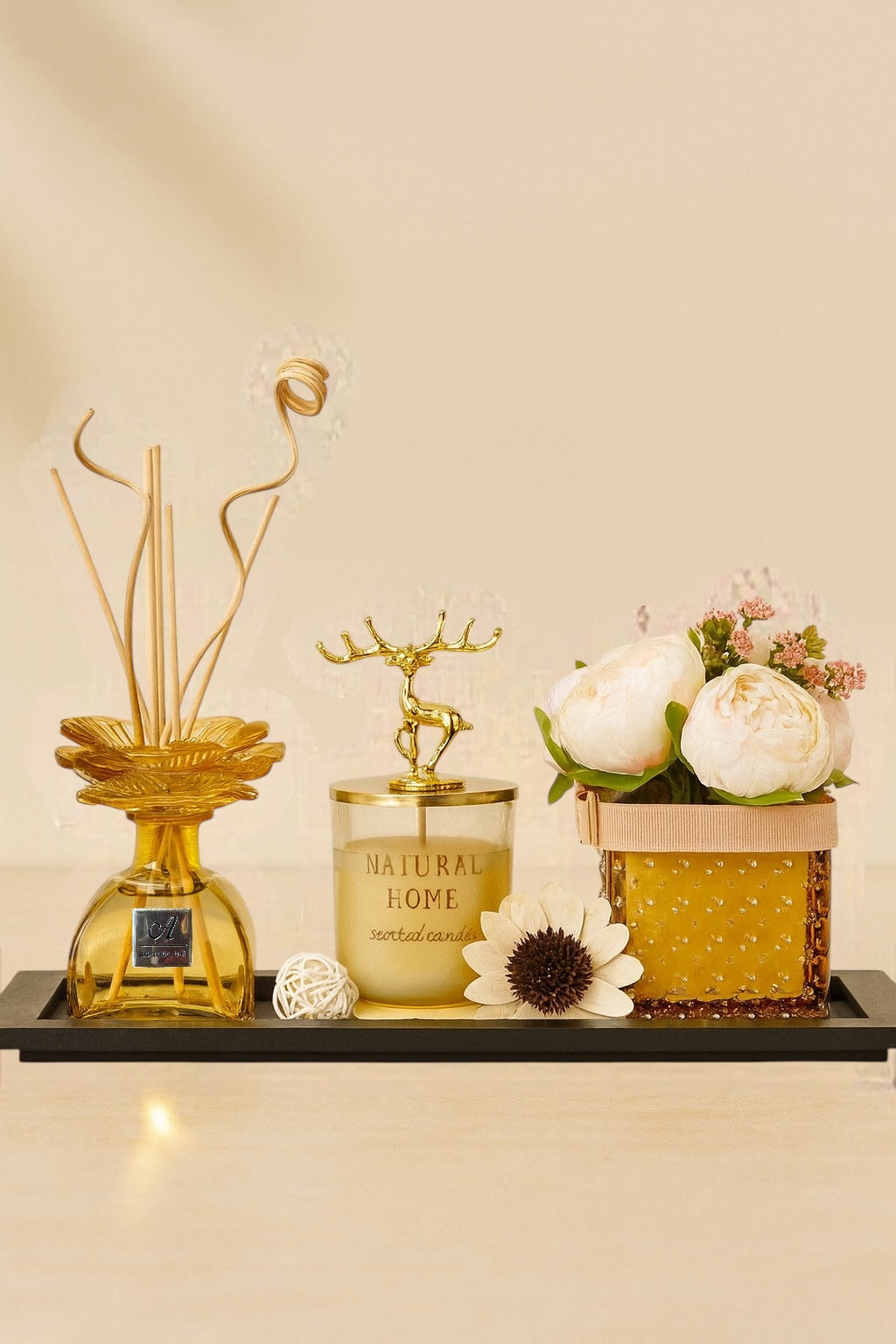 Çubuklu Koku Mum Çiçek ve Tepsi Dekoratif Set SHN-2062