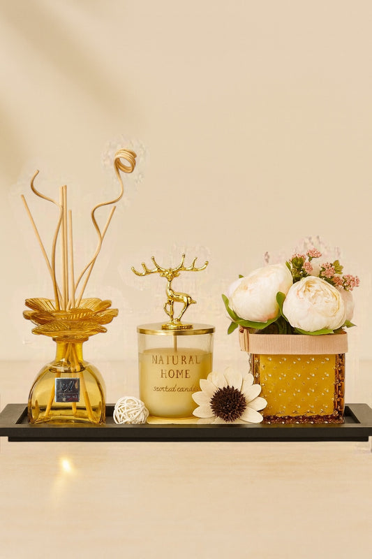 Çubuklu Koku Mum Çiçek ve Tepsi Dekoratif Set SHN-2062