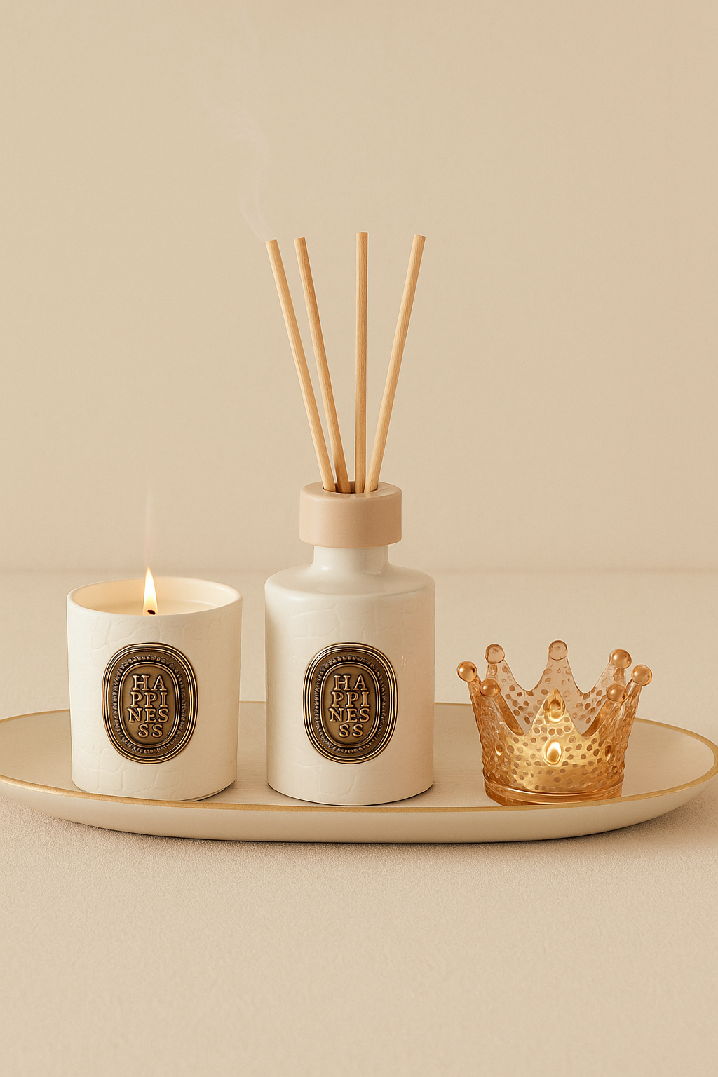 Çubuklu Koku Mum Çiçek ve Tepsi Dekoratif Set SHN-2058