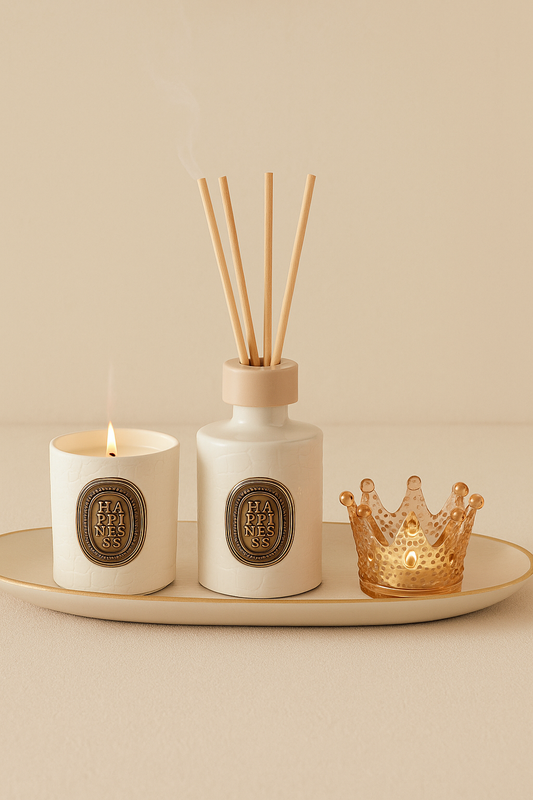 Çubuklu Koku Mum Çiçek ve Tepsi Dekoratif Set SHN-2058