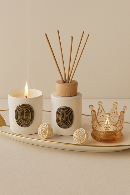 Çubuklu Koku Mum Çiçek ve Tepsi Dekoratif Set SHN-2058