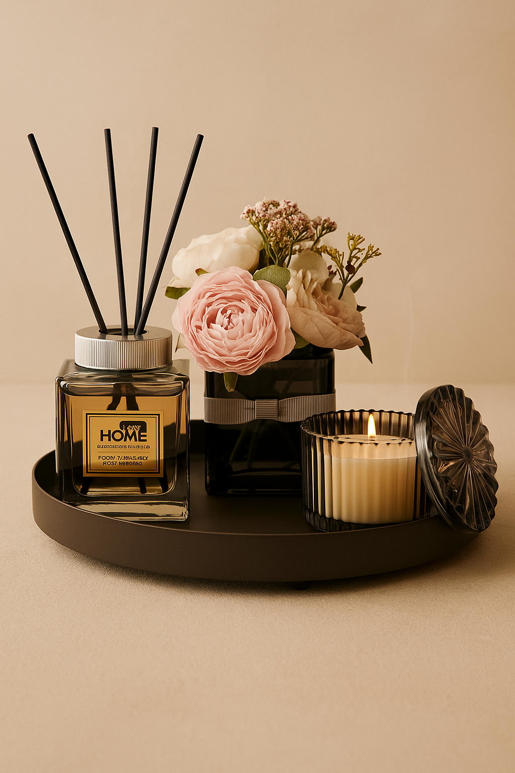 Çubuklu Koku Mum Çiçek ve Tepsi Dekoratif Set SHN-2059
