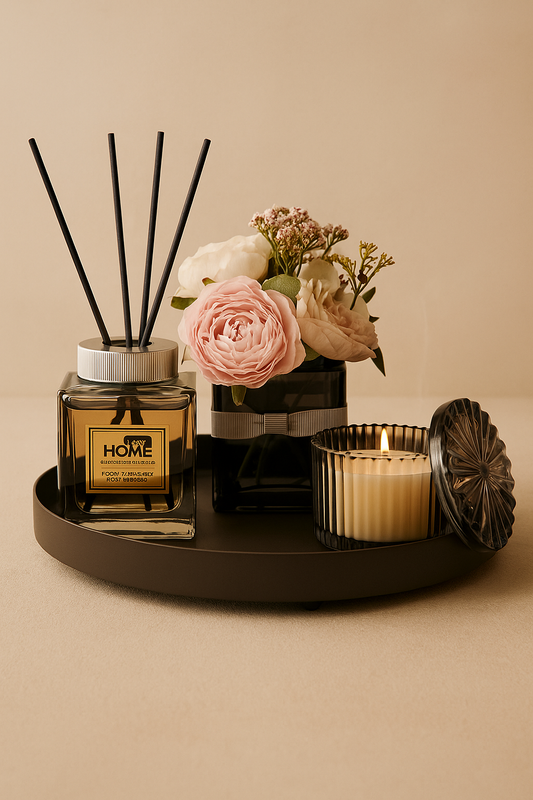 Çubuklu Koku Mum Çiçek ve Tepsi Dekoratif Set SHN-2059