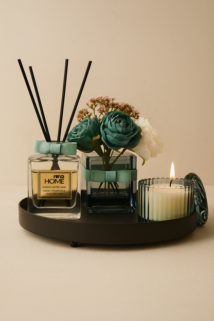 Çubuklu Koku Mum Çiçek ve Tepsi Dekoratif Set SHN-2059