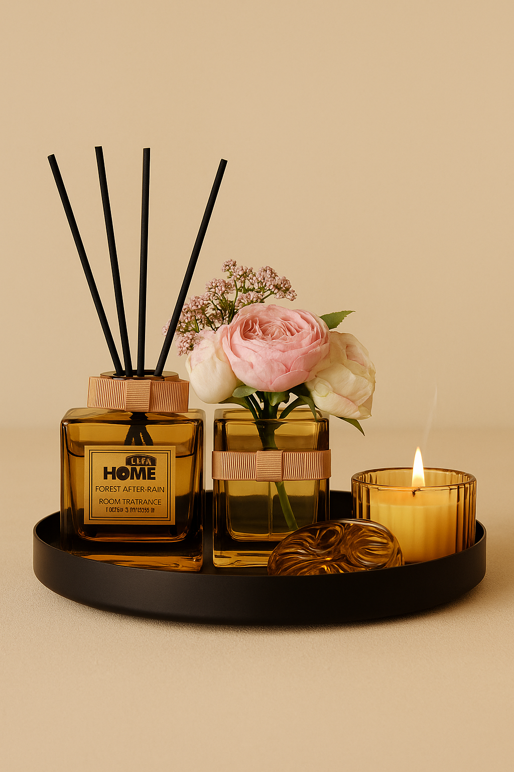 Çubuklu Koku Mum Çiçek ve Tepsi Dekoratif Set SHN-2059