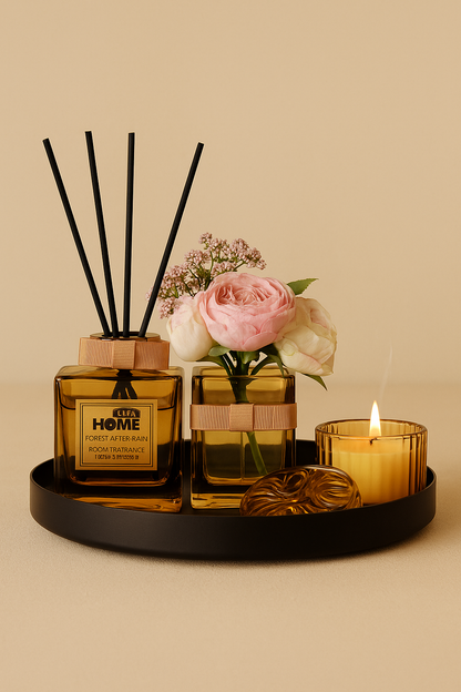 Çubuklu Koku Mum Çiçek ve Tepsi Dekoratif Set SHN-2059