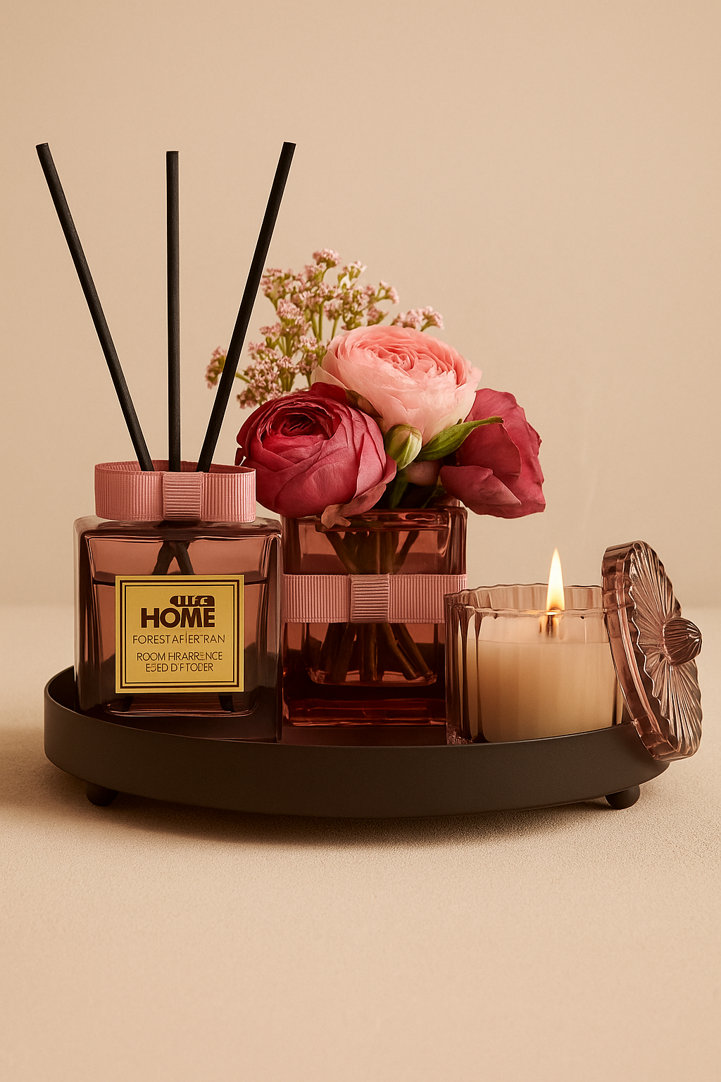 Çubuklu Koku Mum Çiçek ve Tepsi Dekoratif Set SHN-2059