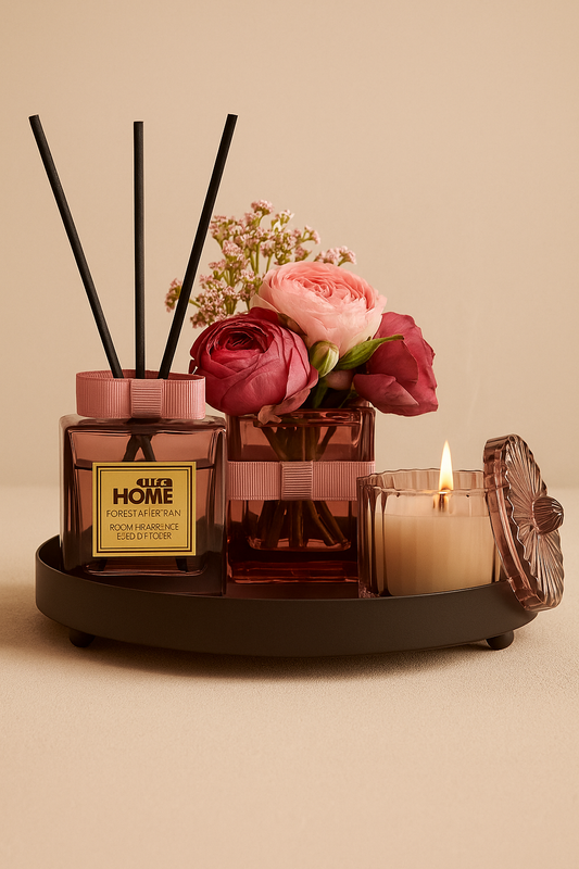 Çubuklu Koku Mum Çiçek ve Tepsi Dekoratif Set SHN-2059